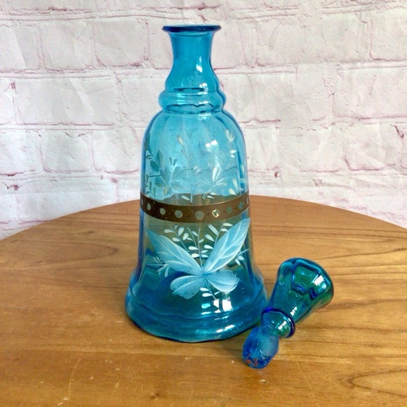 Vintage Hand Painted Blue Glass Decanter - Picture 5 of 8